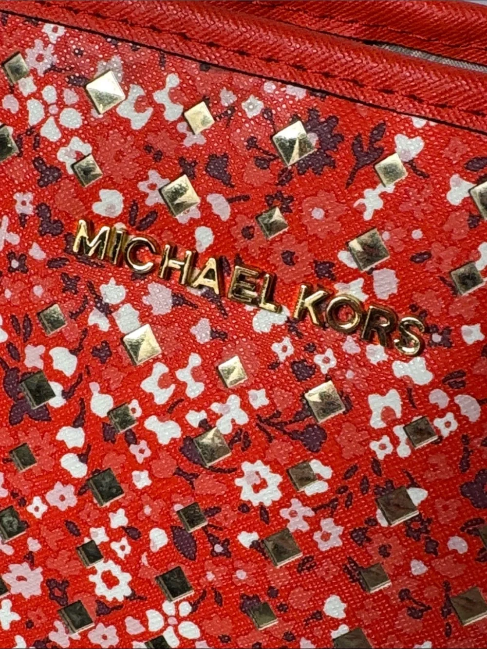 Michael Kors Jet Set Floral Red Metallic Details Tote Bag Signature Gold Charm